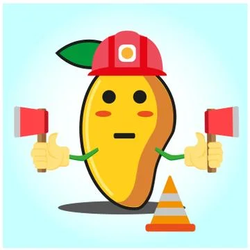 Cute mango fire fighter cartoon face character holding axes design Stock Illustration