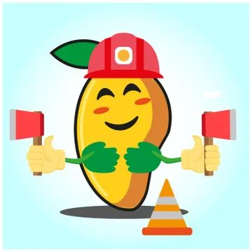 Cute mango fire fighter cartoon face character holding axes design Stock Illustration