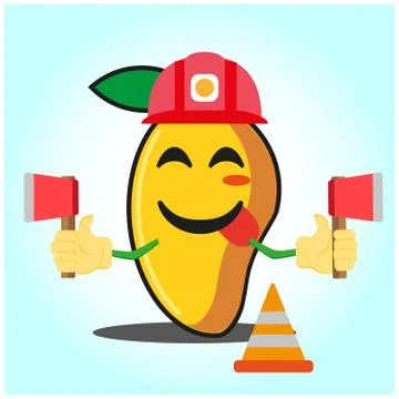 Cute mango fire fighter cartoon face character holding axes design Stock Illustration