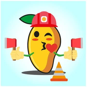 Cute mango fire fighter cartoon face character holding axes design Stock Illustration