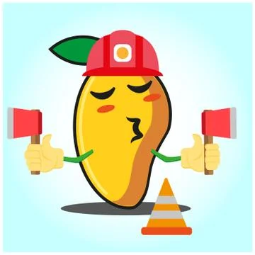 Cute mango fire fighter cartoon face character holding axes design Stock Illustration