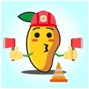 Cute mango fire fighter cartoon face character holding axes design Stock Illustration