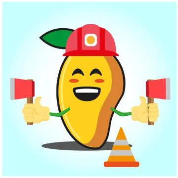 Cute mango fire fighter cartoon face character holding axes design Stock Illustration