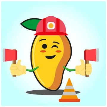 Cute mango fire fighter cartoon face character holding axes design Stock Illustration
