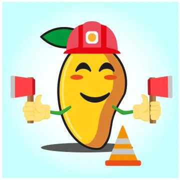 Cute mango fire fighter cartoon face character holding axes design Stock Illustration