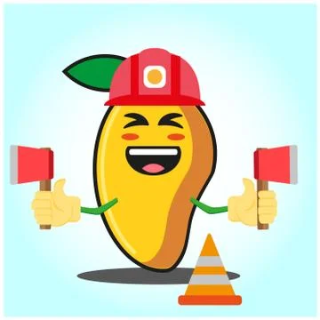 Cute mango fire fighter cartoon face character holding axes design Stock Illustration