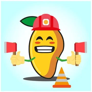 Cute mango fire fighter cartoon face character holding axes design Stock Illustration