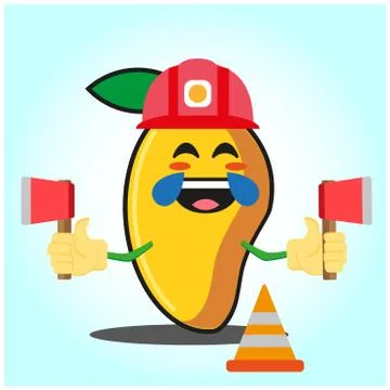 Cute mango fire fighter cartoon face character holding axes design Stock Illustration