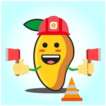 Cute mango fire fighter cartoon face character holding axes design Stock Illustration