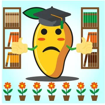 Cute Mango graduation cartoon character in front of bookshelf and flowers des Stock Illustration