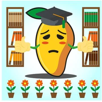 Cute Mango graduation cartoon character in front of bookshelf and flowers des Stock Illustration