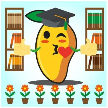Cute Mango graduation cartoon character in front of bookshelf and flowers des Stock Illustration