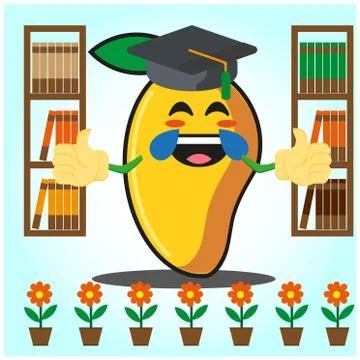Cute Mango graduation cartoon character in front of bookshelf and flowers des Stock Illustration