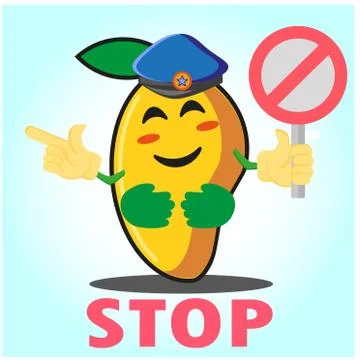 Cute Mango police cartoon character with police hat, hands pointing and stop  Stock Illustration