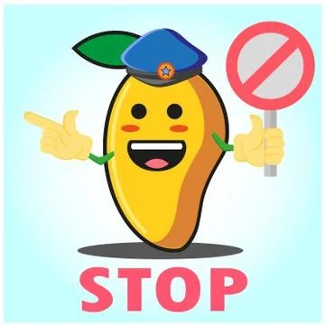 Cute Mango police cartoon character with police hat, hands pointing and stop  Stock Illustration