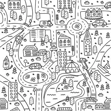 Cute map of a small town with roads, cars, houses and a river. Seamless pattern. Illustrazione stock