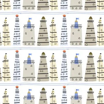 Cute marine baby pattern with beacon buildings lighthouse. Stock Illustration