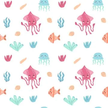 Cute marine creatures pattern with squid, jellyfish, and fish on white Stockillustratie