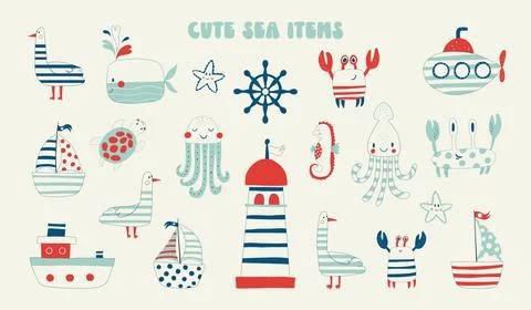 Cute marine items, elements of nature. Summer accessories, set of items 스톡 일러스트