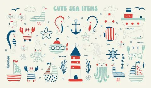 Cute marine items, elements of nature. Summer accessories, set of items Stock Illustration