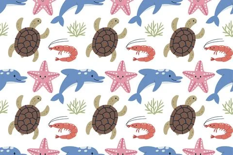 Cute Marine Life Seamless Pattern Vector illustration Иллюстрация