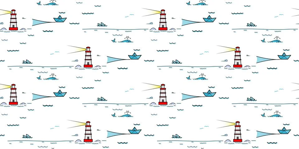 Cute marine lighthouse seamless pattern. Creative kids texture with funny animal イラスト素材