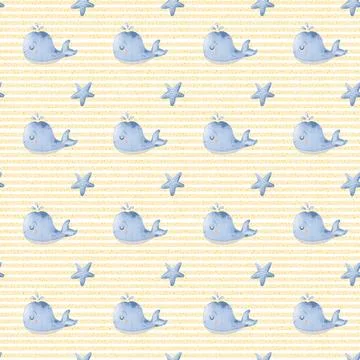 Cute marine pattern featuring light blue whales and stars on a soft yellow .. Stock Illustration
