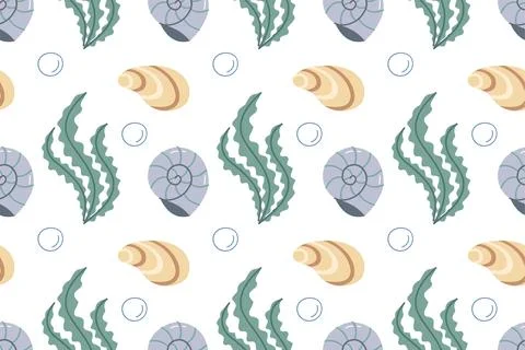 Cute marine seamless pattern with seashells and seaweed on white background for Иллюстрация