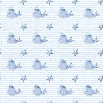 Cute marine theme watercolor pattern featuring whales and stars in a baby b.. Stock Illustration