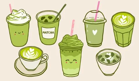 Cute matcha drink doodle set illustration Stock Illustration