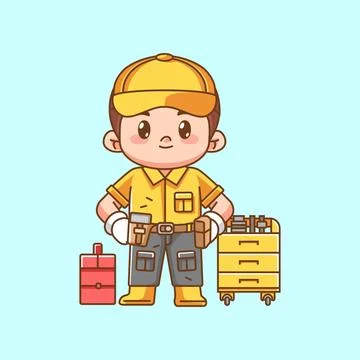 Cute mechanic confident with tool at workshop kawaii chibi character mascot Illustrazione stock