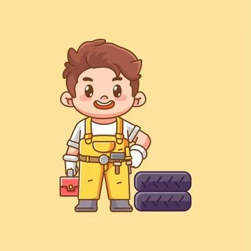 Cute mechanic hips with tool at workshop kawaii chibi character mascot Stock Illustration