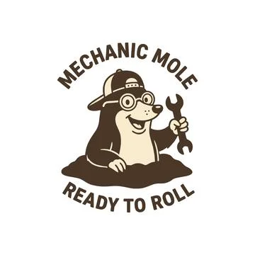 Cute mechanic mole character in cap and glasses holding wrench, ready to roll 스톡 일러스트