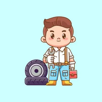 Cute mechanic ready with tool at workshop kawaii chibi character mascot Stock Illustration