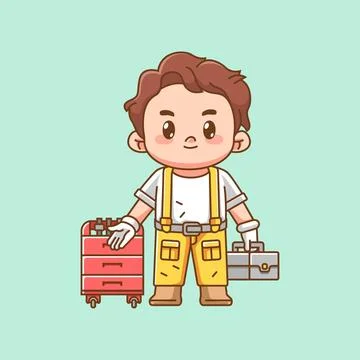 Cute mechanic show tool at workshop kawaii chibi character mascot Stock Illustration