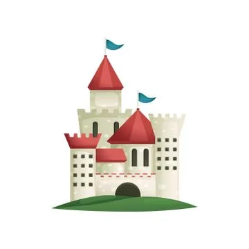 Cute medieval complex castle from stones with long bridge 스톡 일러스트