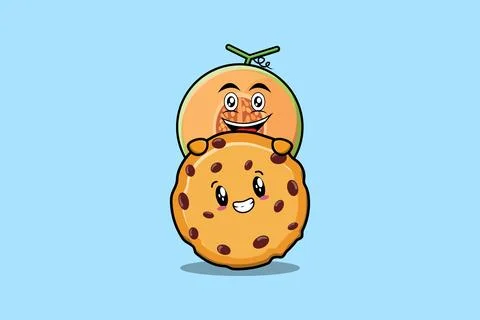Cute Melon cartoon character hiding in biscuits Stock Illustration