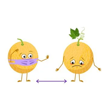 Cute melon characters with emotions, face and mask keep distance, arms and legs Stock Illustration
