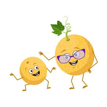 Cute melon characters with emotions, face. Funny grandmother with glasses and Illustrazione stock