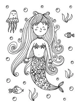 Cute mermaid hand drawn coloring page. Long hair sea girl print Illustrazione stock