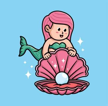 Cute mermaid opens pearl shell illustration Stock Illustration