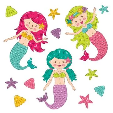 The Cute Mermaids Stock Illustration
