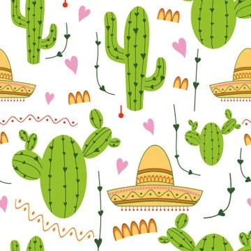 Cute mexican seamless pattern with cactus, sombrero in green, yellow, pink an Stock-Illustration