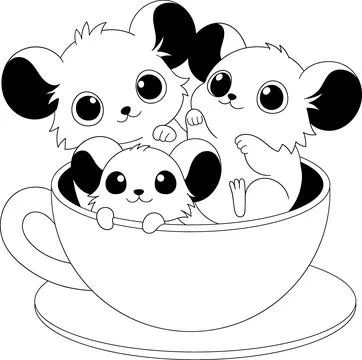Cute Mice in Teacup Coloring Book Template Stock Illustration