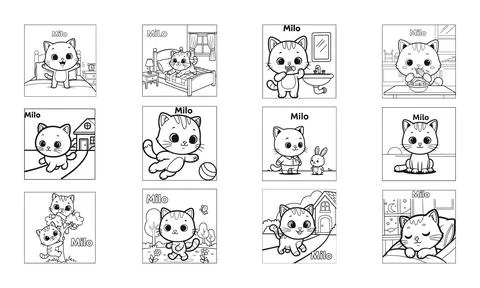 Cute Milo Cat Daily Routine Activities Coloring Page Set Kids Educational L.. Stock Illustration