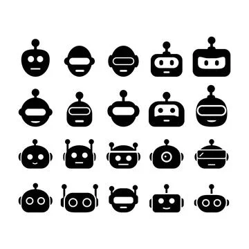Cute minimal solid black ai chatbot head mascot vector illustration bundle .. イラスト素材