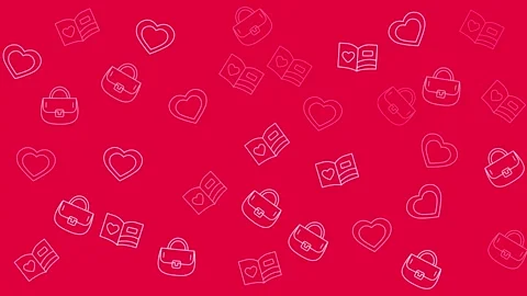 Cute Minimalist Line Art Pattern with Hearts Purses and Books on Red Background Stock Footage 344875448