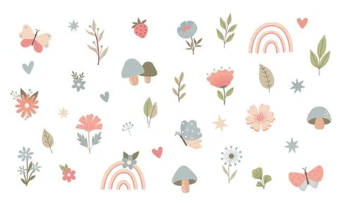 Cute minimalistic set of simple flowers butterflies rainbow. Cartoon childish Stock-Illustration