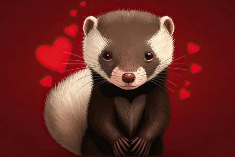 Cute  Mink, isolated on a background with red hearts Stock Illustration