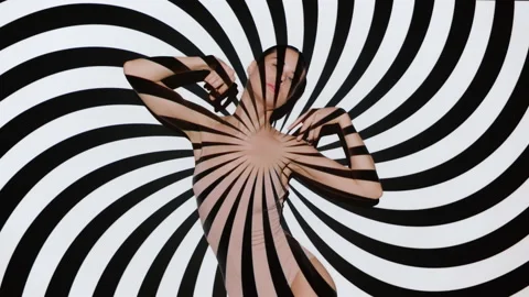 Cute model dancing overlay twirl black and white animated stripes background Stock Footage 196919590